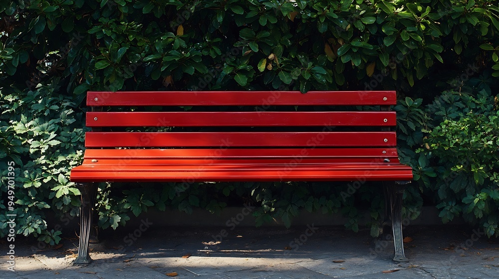 A large empty bench in a city park or garden Red wooden bench and metal urn : Generative AI A large empty bench in a city park or garden Red wooden bench and metal urn : Generative AI