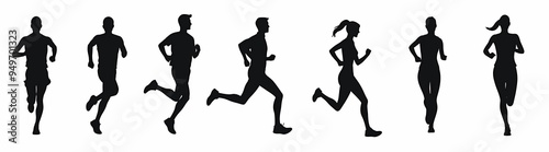 Silhouettes of male and female runners in dynamic poses against a white background.