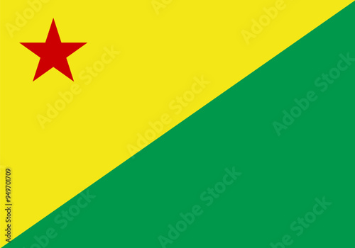 Flag of Acre state (Federative Republic of Brazil) Rectangle divided by a diagonal. The top left is yellow with a red star in the corner, and the bottom right is green