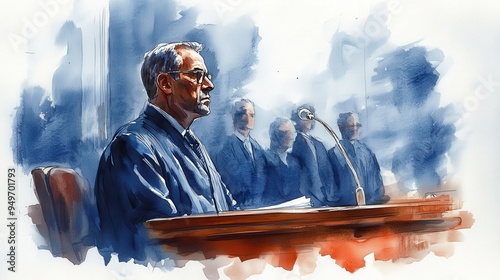 A serious courtroom scene featuring judge presiding over case, with focus on judges expression and blurred figures of attorneys in background. photo