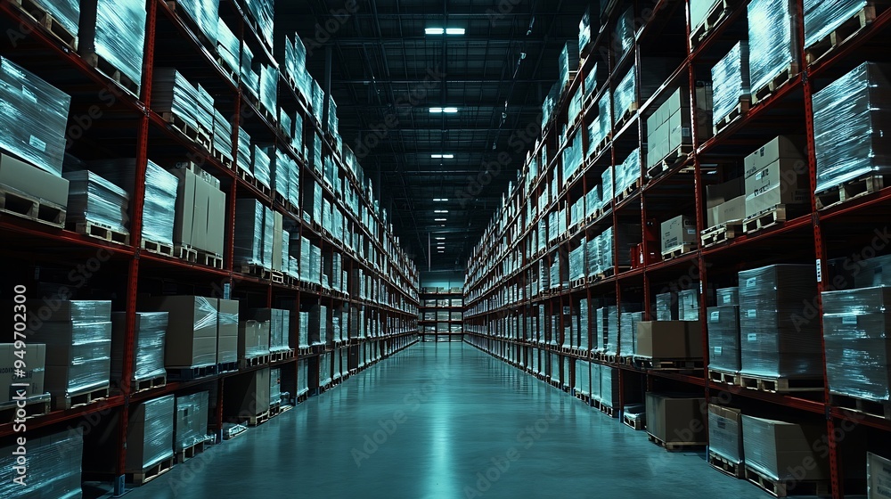 Large storage warehouse There is a walkway in the middle between the shelves : Generative AI Large storage warehouse There is a walkway in the middle between the shelves : Generative AI