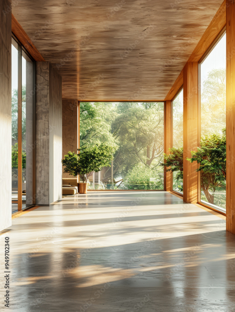 Modern contemporary empty hall nature render overlooking living room behind concrete floors Modern contemporary empty hall nature render overlooking living room behind concrete floors