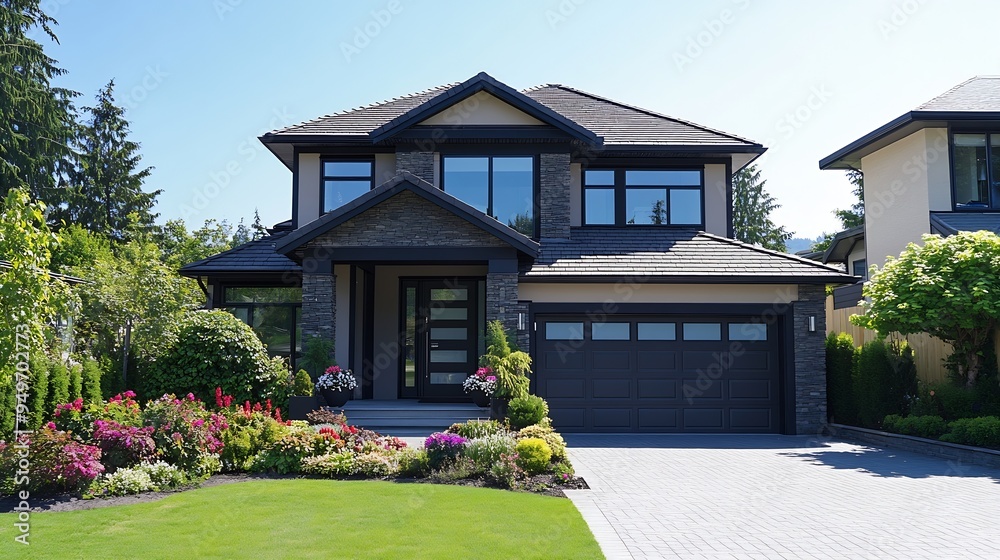 Obraz premium Real Estate Exterior Front House on a sunny day Big custom made luxury house with nicely landscaped front yard and driveway to garage in the suburbs of Vancouver Canada : Generative AI