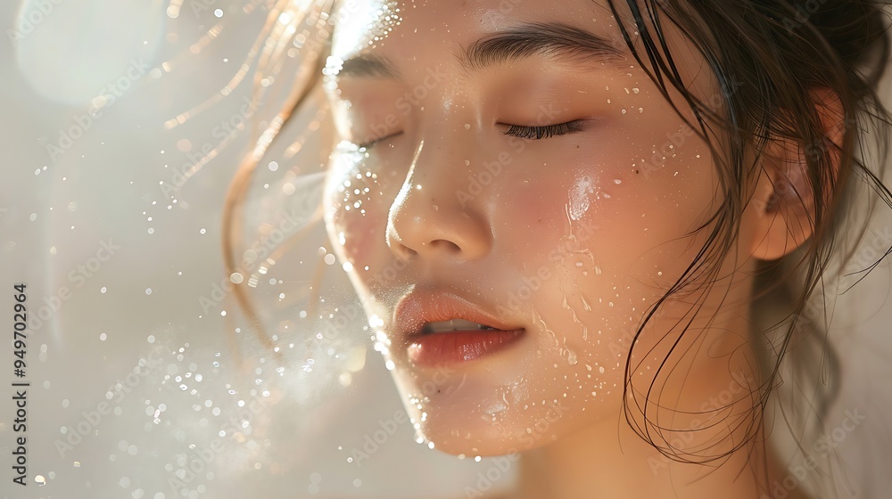 An Asian model spraying a facial mist onto her face, droplets visible on her glowing skin, soft natural light, minimalist background, capturing the refreshing hydration boost, hd quality, An Asian model spraying a facial mist onto her face, droplets visible on her glowing skin, soft natural light, minimalist background, capturing the refreshing hydration boost, hd quality,