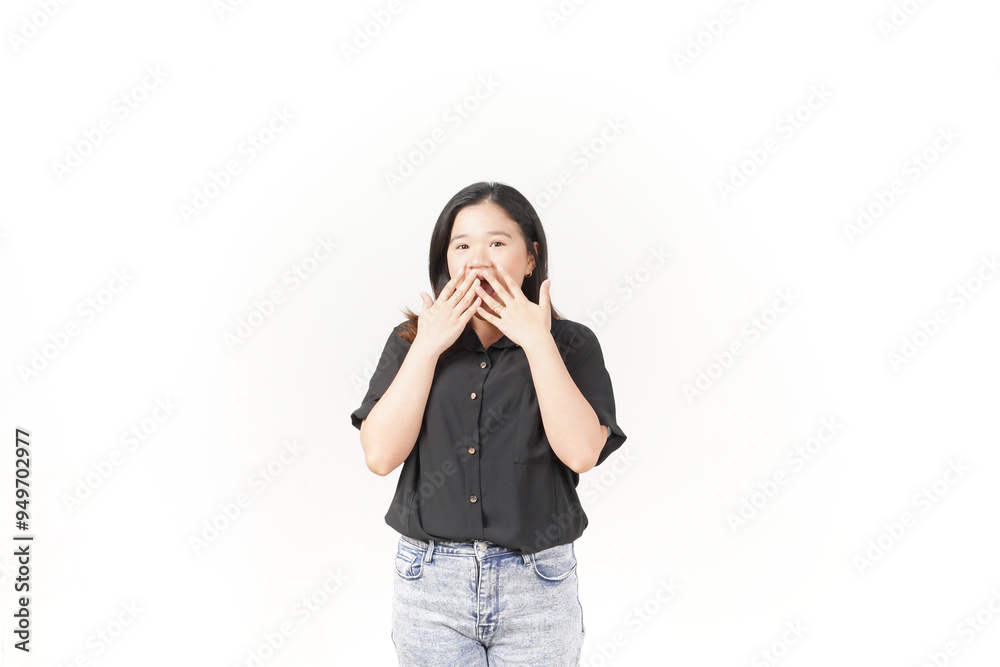 Young Asian woman shocked amazed face gesture wearing Black t-shirt and jeans isolated on white background Young Asian woman shocked amazed face gesture wearing Black t-shirt and jeans isolated on white background
