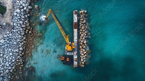 Aerial view of breakwater construction Crane puts tetrapods on breakwater construction : Generative AI photo