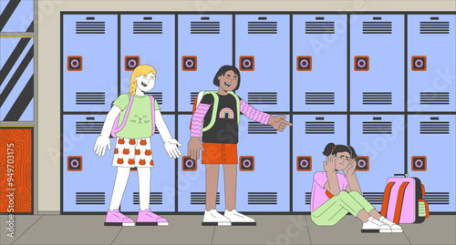 Laughing girls bullying scared classmate flat illustration. Evil bullies abusing schoolmate 2D characters cartoon background. Violence in school awareness scene vector storytelling image