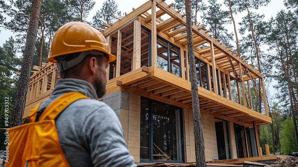 Worker building wooden twostory house near the forest Man in work clothes and hard hat reviewing the construction plan The aim is to implement modern environmentallyfriendly constructi : Generative AI Worker building wooden twostory house near the forest Man in work clothes and hard hat reviewing the construction plan The aim is to implement modern environmentallyfriendly constructi : Generative AI