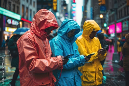 Group of teenagers Wear a raincoat on the road. Obsessed with using a smartphone amidst traffic On the city road