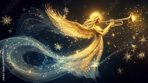 Golden Angel Playing a Trumpet in a Snowy Night