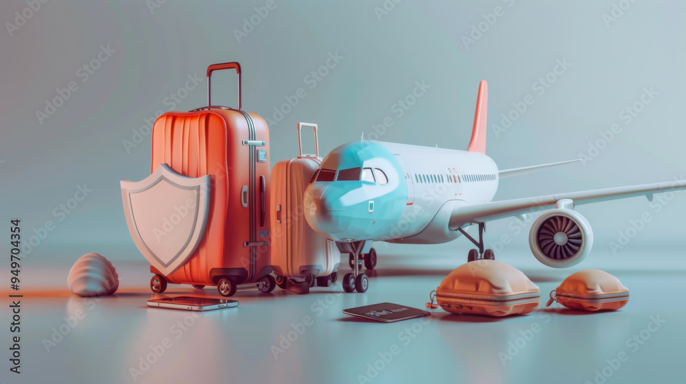 Travel insurance concept. Airplane and luggage with travel insurance policy and protection shield