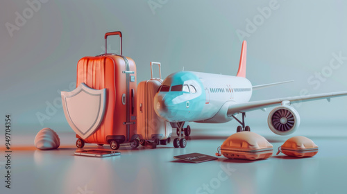 Obraz na płótnie Travel insurance concept. Airplane and luggage with travel insurance policy and protection shield w salonie