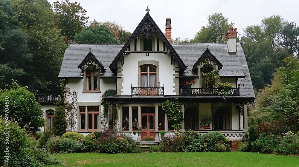 Facade of an old Victorian style house white walls gray gable roofs multiple windows closed veranda and garden green leafy trees in background cloudy day in Ferrieres Belgium : Generative AI Facade of an old Victorian style house white walls gray gable roofs multiple windows closed veranda and garden green leafy trees in background cloudy day in Ferrieres Belgium : Generative AI