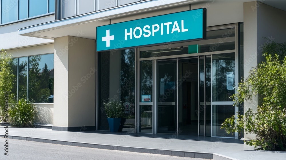 Obraz premium Hospital entrance, modern healthcare facility, emergency services access, medical building exterior, healthcare architecture
