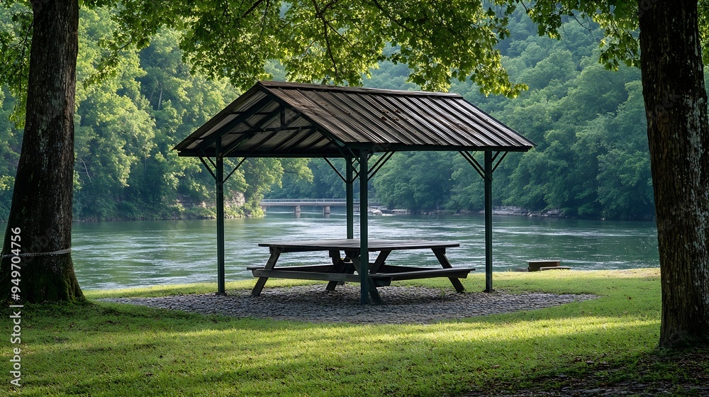Picnic tables with a shelter and metal cover The park campsite is near a river with tree covered hills lush green grass and riverbanks There are empty benches and a fishing pier along : Generative AI Picnic tables with a shelter and metal cover The park campsite is near a river with tree covered hills lush green grass and riverbanks There are empty benches and a fishing pier along : Generative AI