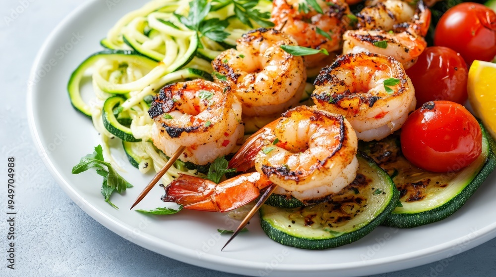 Grilled shrimp skewers served with zucchini noodles and cherry tomatoes on a white plate, garnished with fresh herbs. Grilled shrimp skewers served with zucchini noodles and cherry tomatoes on a white plate, garnished with fresh herbs.