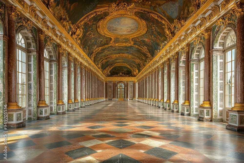 Ornate Hallway with Gold Accents and Checkered Marble Floor Ornate Hallway with Gold Accents and Checkered Marble Floor