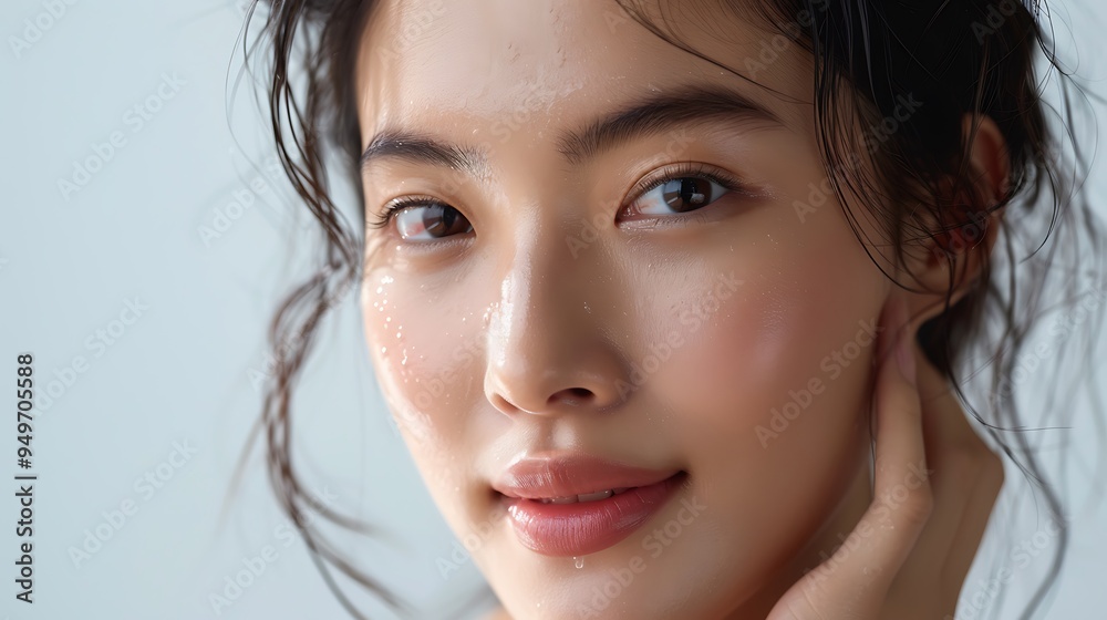 An Asian model with glowing skin, applying a brightening serum, minimalist background with soft natural light, capturing her clear and radiant complexion, professional beauty photography, hd quality, An Asian model with glowing skin, applying a brightening serum, minimalist background with soft natural light, capturing her clear and radiant complexion, professional beauty photography, hd quality,