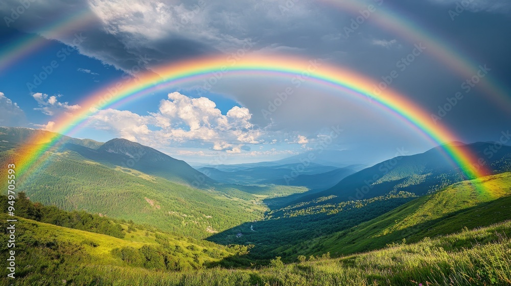 Double rainbow over a verdant valley, framed by mountains and a sky clearing after a summer rain, creating a picture-perfect scene. Double rainbow over a verdant valley, framed by mountains and a sky clearing after a summer rain, creating a picture-perfect scene.