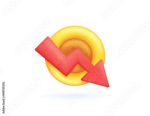 recession concept. a decline in the economy, profits, or income. currency value falling. illustration of a coin with a downward arrow. economic and financial problems. minimalist 3d style design