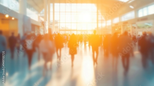 Background of an expo or convention with blurred individuals in an exposition hall. Concept image for a international exhibition, conference center, corporate marketing, or event fair