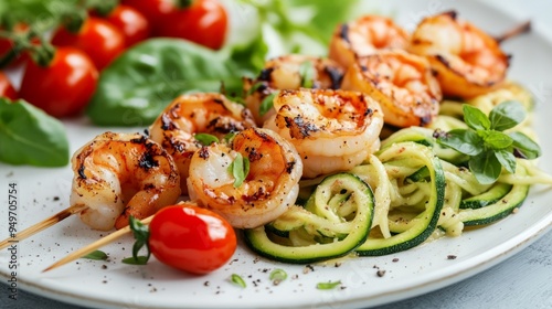 Grilled shrimp skewers with zucchini noodles and cherry tomatoes on a white plate, garnished with fresh herbs. Healthy and colorful meal. photo