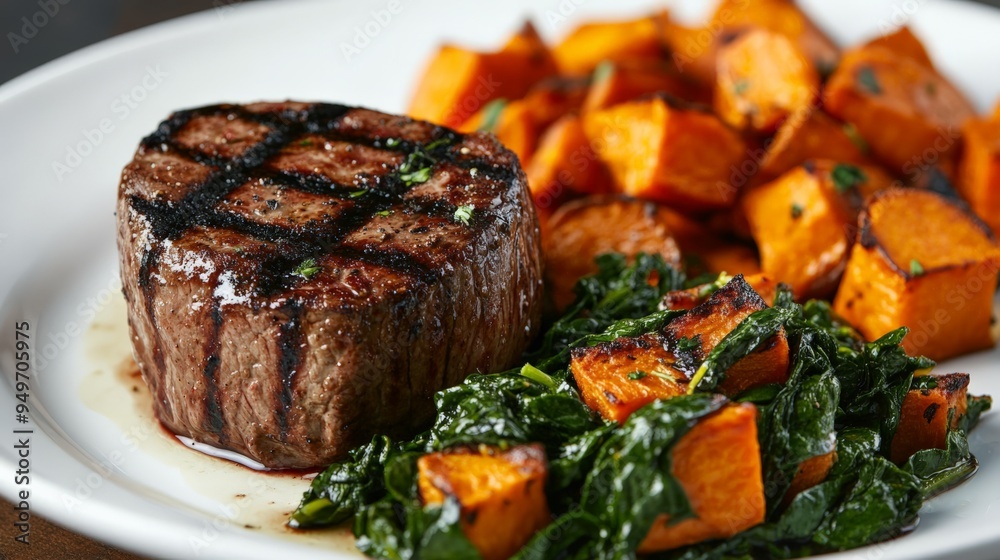 Grilled steak filet served with roasted sweet potatoes and sauteed greens on a white plate. Perfect for a healthy, delicious meal. Grilled steak filet served with roasted sweet potatoes and sauteed greens on a white plate. Perfect for a healthy, delicious meal.