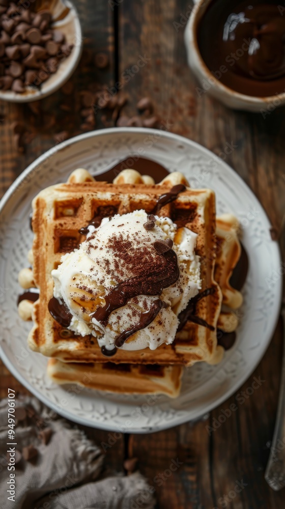 A waffle is shown with a generous topping of whipped cream and drizzled with chocolate sauce A waffle is shown with a generous topping of whipped cream and drizzled with chocolate sauce