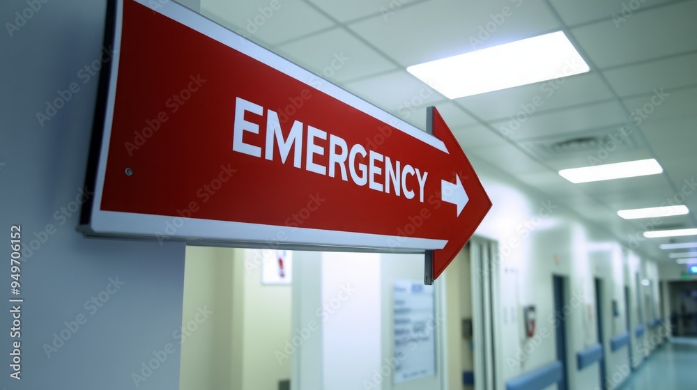 Directional Emergency Signage, Hospital Corridor, Arrow Pointing to Critical Healthcare Services Directional Emergency Signage, Hospital Corridor, Arrow Pointing to Critical Healthcare Services
