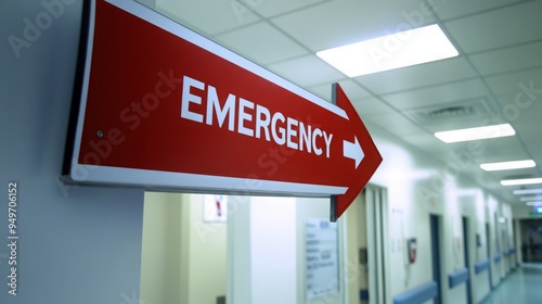 Directional Emergency Signage, Hospital Corridor, Arrow Pointing to Critical Healthcare Services