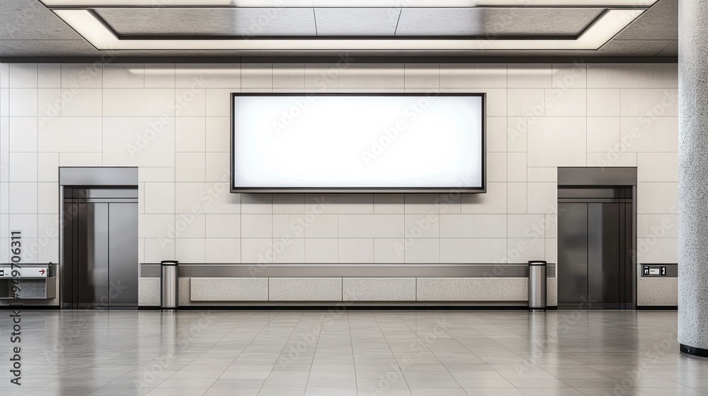 Empty billboard positioned above sliding doors at a sleek hospital entrance, with a minimalist design. Empty billboard positioned above sliding doors at a sleek hospital entrance, with a minimalist design.