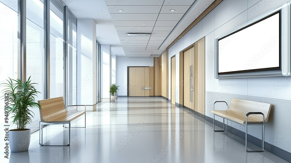 Empty billboard positioned above sliding doors at a sleek hospital entrance, with a minimalist design.