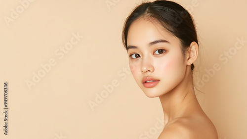 Korean female model on light beige background. Background for skin care and beauty clinic.