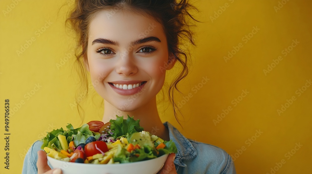 Healthy Lunch Smiling millennial woman holding bowl with fresh vegetable salad enjoying organic food eating vegetarian nutrition smiling at camera posing on yellow studio background co : Generative AI Healthy Lunch Smiling millennial woman holding bowl with fresh vegetable salad enjoying organic food eating vegetarian nutrition smiling at camera posing on yellow studio background co : Generative AI