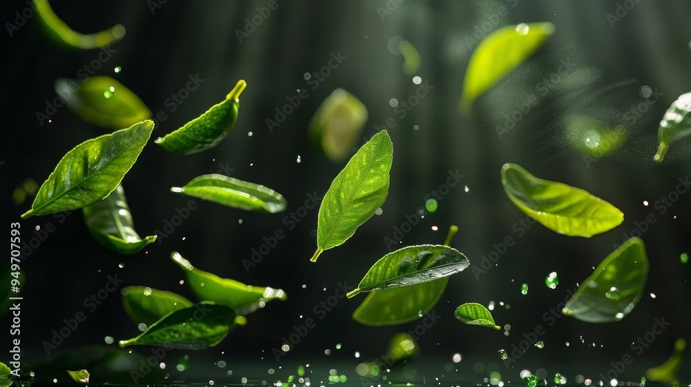 Fresh Green Leaves Falling in a Dynamic and Lively Manner. Fresh Green Leaves Falling in a Dynamic and Lively Manner.