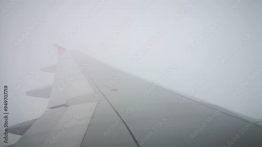 The airplane's wings during the flight look from the passenger window, and gray clouds gather in the sky before the rainstorm. The airplane's wings during the flight look from the passenger window, and gray clouds gather in the sky before the rainstorm.
