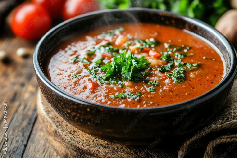 Steaming Bowl of Tomato Soup with Parsley Garnish Steaming Bowl of Tomato Soup with Parsley Garnish