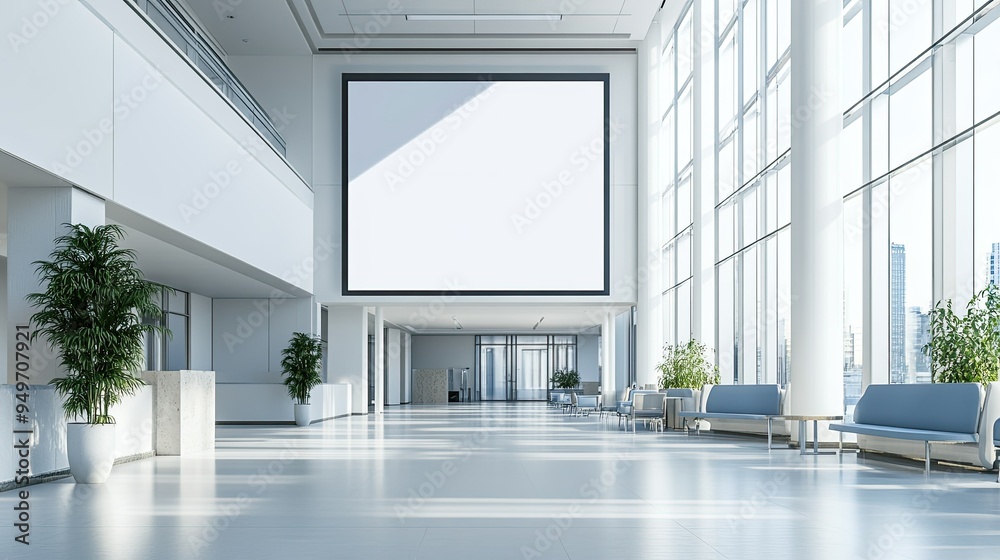 Large blank billboard in a spacious hospital lobby with bright clinical lighting, surrounded by white walls and modern seating. Large blank billboard in a spacious hospital lobby with bright clinical lighting, surrounded by white walls and modern seating.