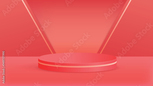 A minimalist podium with a smooth, curved design, set against a red background. This background can be used for product displays, promotions, and festive events.