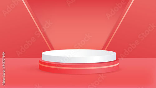 A minimalist podium with a smooth, curved design, set against a red background. This background can be used for product displays, promotions, and festive events.