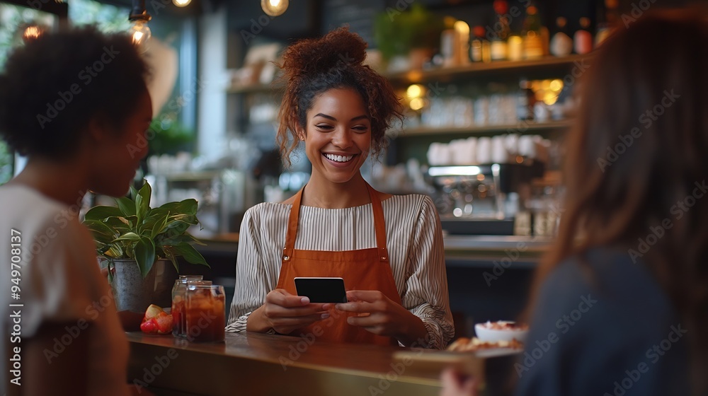 Happy waiter receiving smart phone contactless payment form a woman who is being with her friends in a cafe : Generative AI Happy waiter receiving smart phone contactless payment form a woman who is being with her friends in a cafe : Generative AI