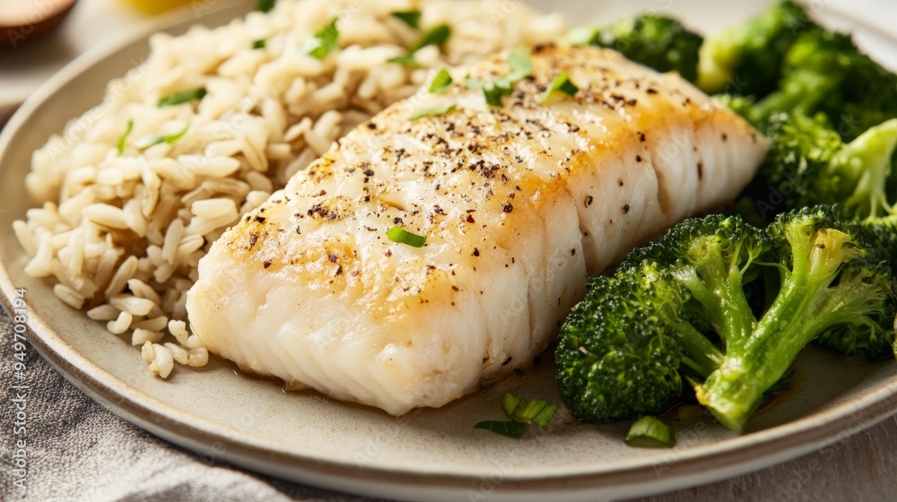 Healthy baked white fish fillet served with brown rice and steamed broccoli on a plate, perfectly seasoned and garnished with herbs. Healthy baked white fish fillet served with brown rice and steamed broccoli on a plate, perfectly seasoned and garnished with herbs.