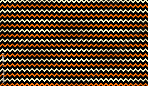 Simple Halloween pattern horizontal background. Vector black, yellow and orange striped zigzag wallpaper. Geometric Halloween texture for decor, fabric, design, wrapping, backdrop.