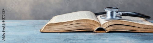 An open medical book with a stethoscope resting on its pages, symbolizing healthcare and medical education. photo