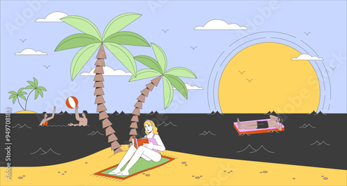 Young woman reading book on sea beach flat illustration. Adults spending happy time at exotic resort 2D characters cartoon background. Summer vacation activities scene vector storytelling image