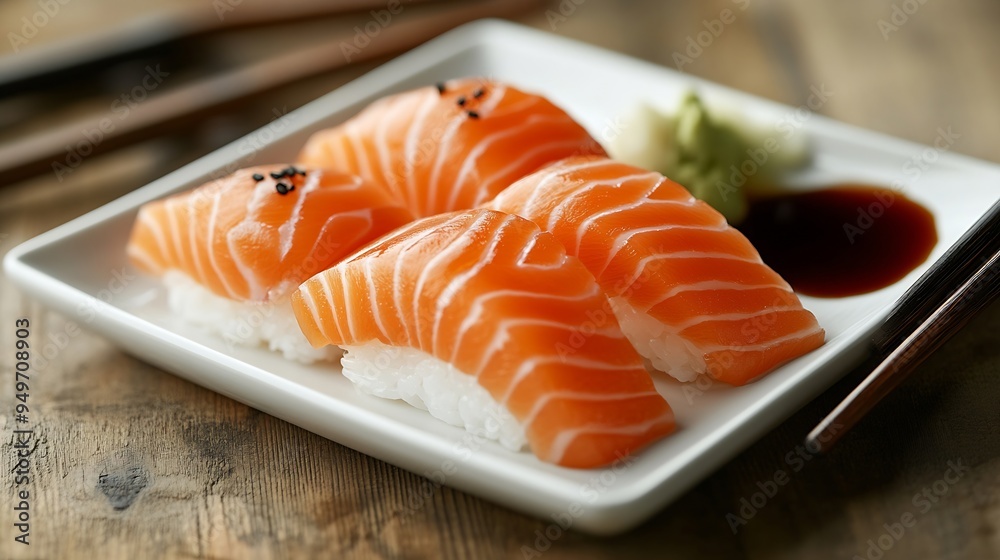 Salmon sushi served on a white plate with soy sauce and chopsticks on a brown table : Generative AI Salmon sushi served on a white plate with soy sauce and chopsticks on a brown table : Generative AI
