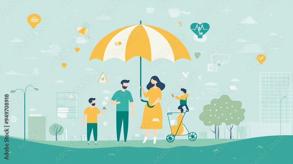 Illustration of a health insurance policy with a family protected under an umbrella of coverage
