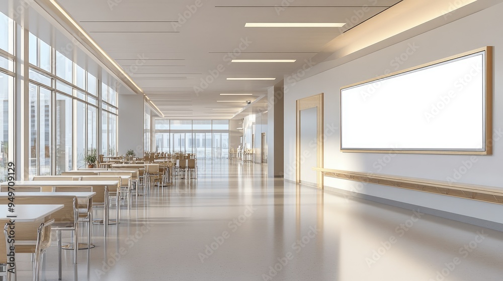 Spacious hospital cafeteria featuring a large blank billboard on the wall, ready for advertisement. Spacious hospital cafeteria featuring a large blank billboard on the wall, ready for advertisement.