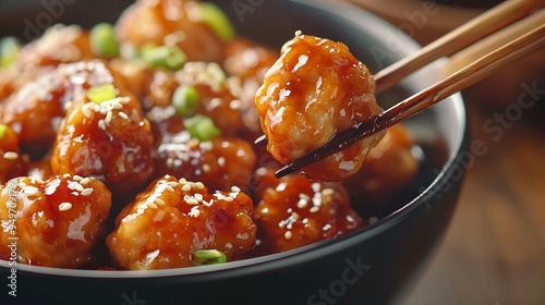 Eating food at Japanese restaurant concept Closeup Japan chinese Sweet and Sour Pork subuta menu Asia tasty from traditional culture : Generative AI photo