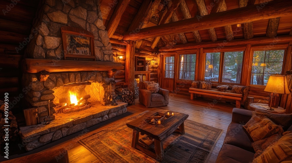 The interior of a cozy cabin with a crackling stone fireplace, warm lighting, and wooden beams. The interior of a cozy cabin with a crackling stone fireplace, warm lighting, and wooden beams.